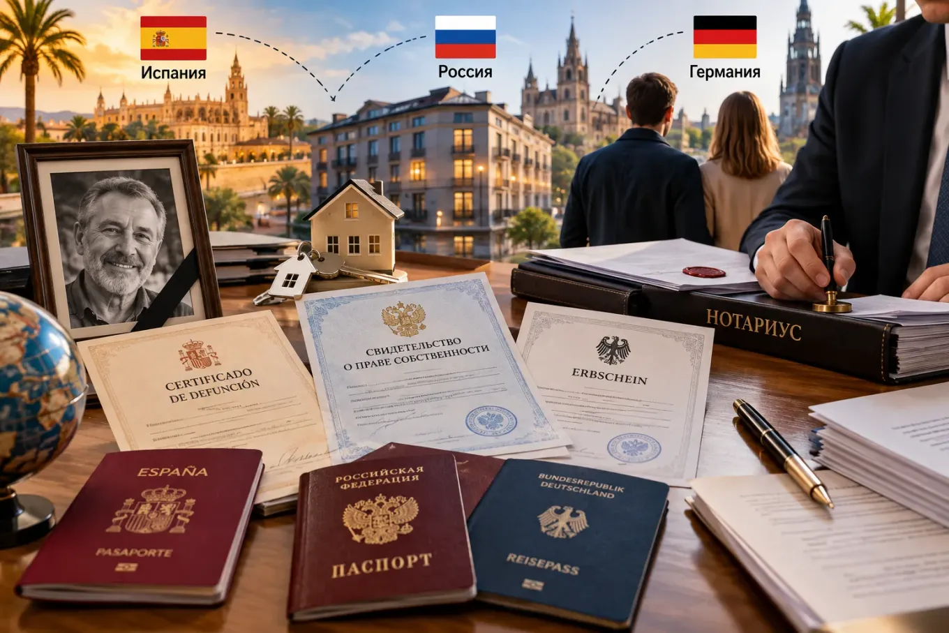 Международное оформление наследства: документы из Испании, России и Германии, квартира, наследники и нотариус за рабочим столом.