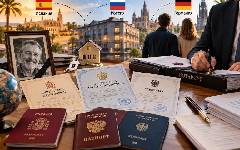 Международное оформление наследства: документы из Испании, России и Германии, квартира, наследники и нотариус за рабочим столом.